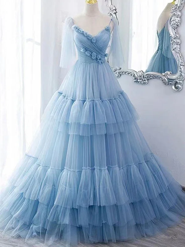 Ruffled - skirt wedding dress for a romantic lookTulle A-line Appliques Wedding Dresses, Elegant Newest Bridal Gowns, Princess Long Prom Dresses Ruffled - skirt wedding dress for a romantic lookTulle A-line Appliques Wedding Dresses, Elegant Newest Bridal Gowns, Princess Long Prom Dresses