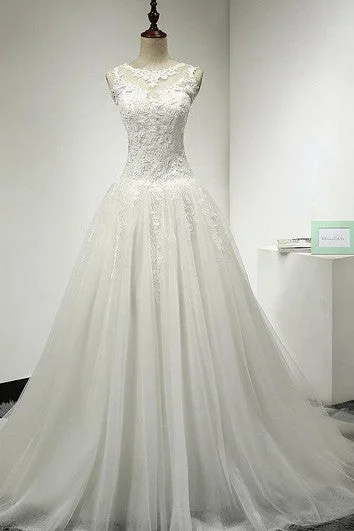Church - suitable long - sleeved wedding dressTulle and Lace A-Line Sleeveless Dress With Jewel Neckline and Keyhole Back Church - suitable long - sleeved wedding dressTulle and Lace A-Line Sleeveless Dress With Jewel Neckline and Keyhole Back
