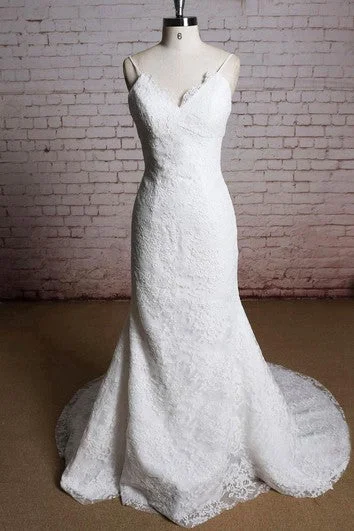 Racer - back wedding dress for a sporty - modern lookV-Neck Mermaid Lace Bridal Dress With Spaghetti Straps Racer - back wedding dress for a sporty - modern lookV-Neck Mermaid Lace Bridal Dress With Spaghetti Straps