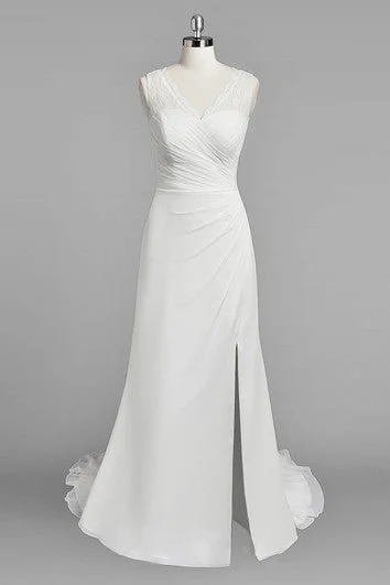 Off - the - shoulder ball gown wedding dressV-Neck Sleeveless Sheath Chiffon Wedding Dress With Ruching and Split Side Off - the - shoulder ball gown wedding dressV-Neck Sleeveless Sheath Chiffon Wedding Dress With Ruching and Split Side