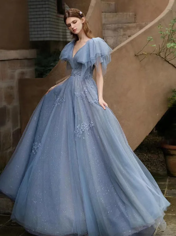 Lace - over - satin wedding dress for a classic combinationV-neck Tulle Long Prom Dresses, Appliques Lace Elegant Wedding Dresses, Newest 2022 Girl Party Dresses Lace - over - satin wedding dress for a classic combinationV-neck Tulle Long Prom Dresses, Appliques Lace Elegant Wedding Dresses, Newest 2022 Girl Party Dresses