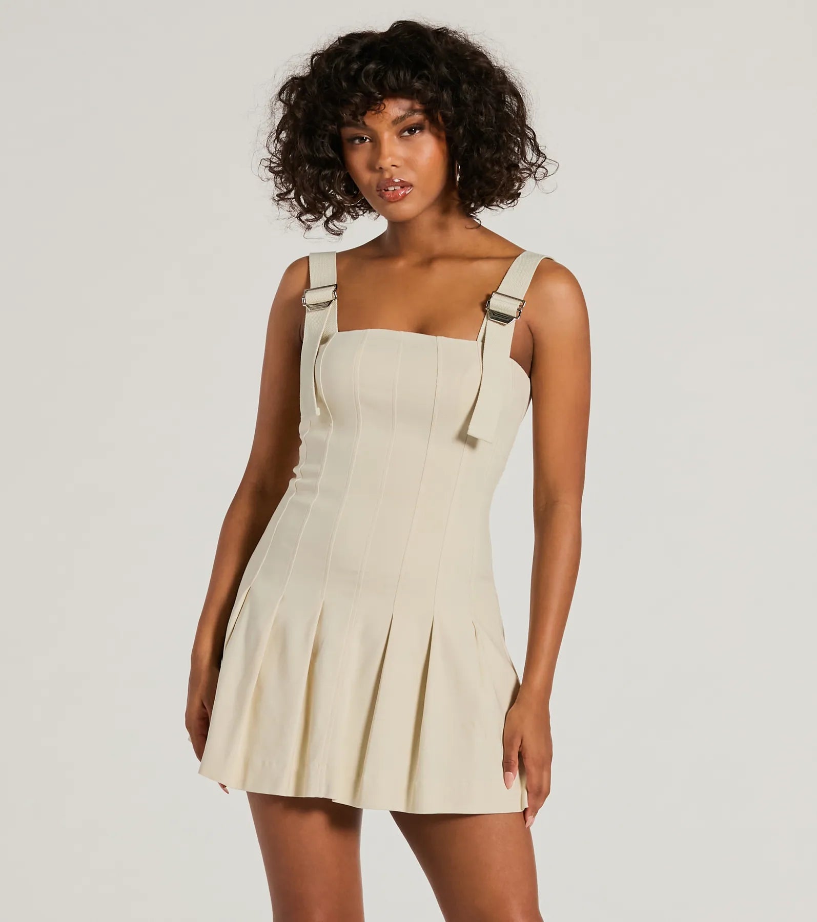 Dresses with Lace Insertions on the Skirt and Beaded Waistband for Ladies' Feminine and Glamorous LookBabe With Taste Buckle Strap Pleated Mini Dress Dresses with Lace Insertions on the Skirt and Beaded Waistband for Ladies' Feminine and Glamorous LookBabe With Taste Buckle Strap Pleated Mini Dress