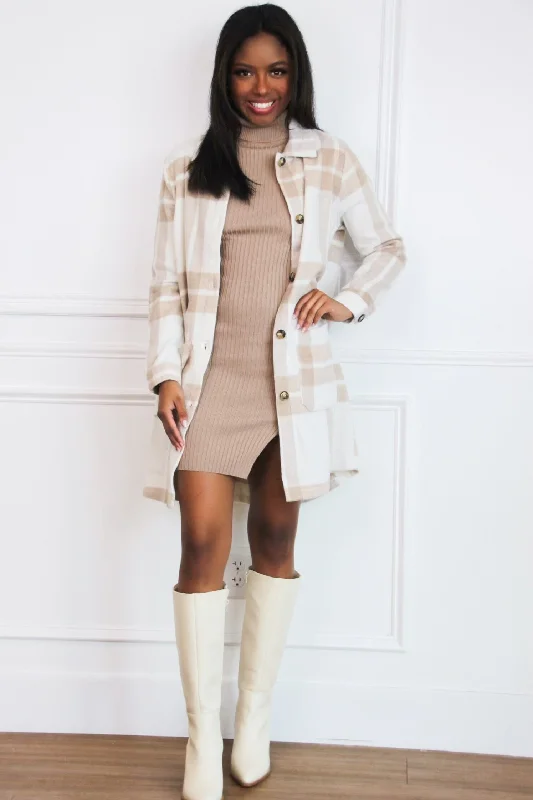 Dresses with Embroidered Stars and Sequined Dots for Ladies' Celestial and Playful LookBillie Plaid Long Shacket: Ivory/Taupe Dresses with Embroidered Stars and Sequined Dots for Ladies' Celestial and Playful LookBillie Plaid Long Shacket: Ivory/Taupe