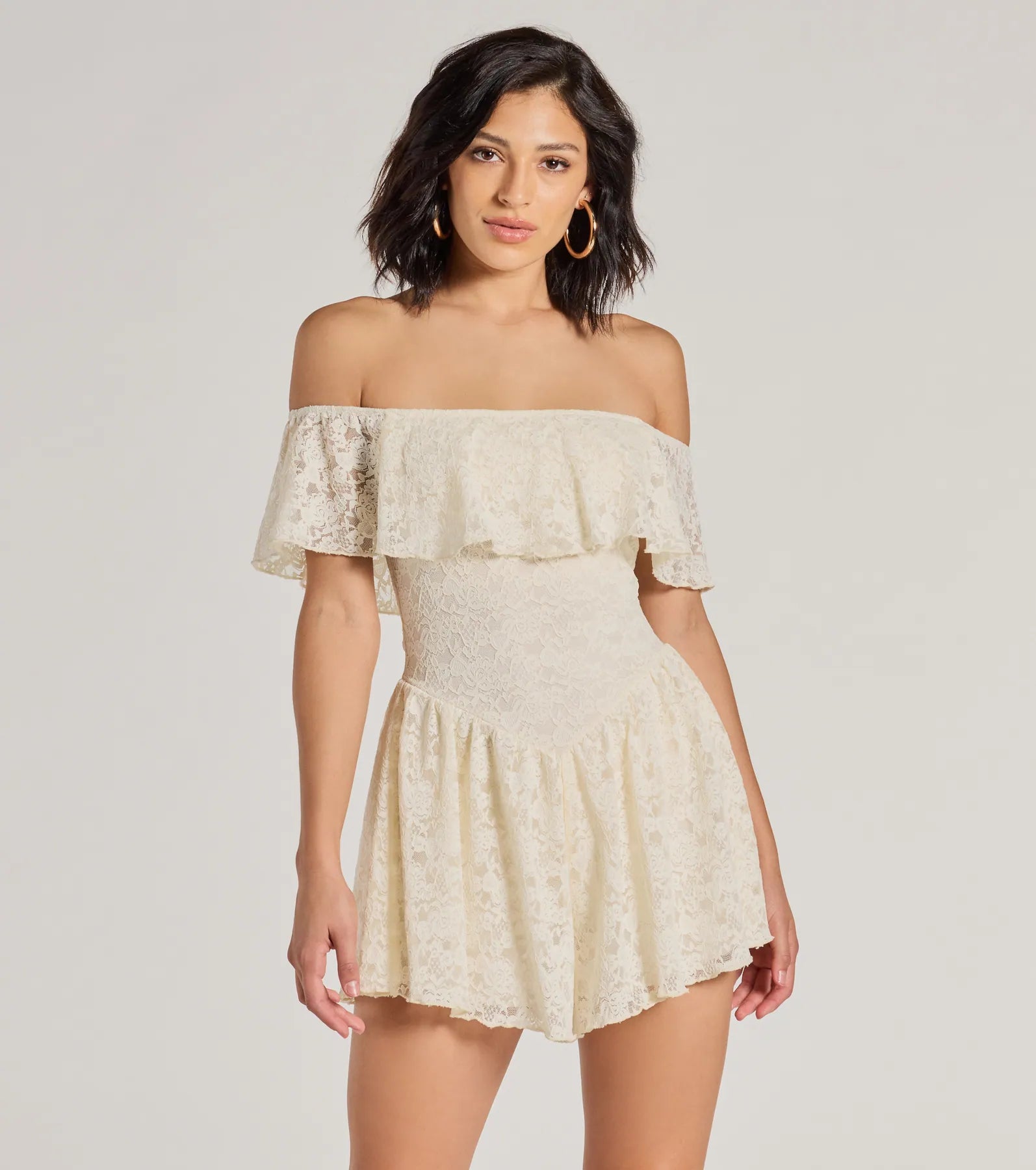 Dresses with Sequined Geometric Shapes for Ladies' Modern and Stylish LookBoho Lace Off-The-Shoulder Drop Waist Romper Dresses with Sequined Geometric Shapes for Ladies' Modern and Stylish LookBoho Lace Off-The-Shoulder Drop Waist Romper