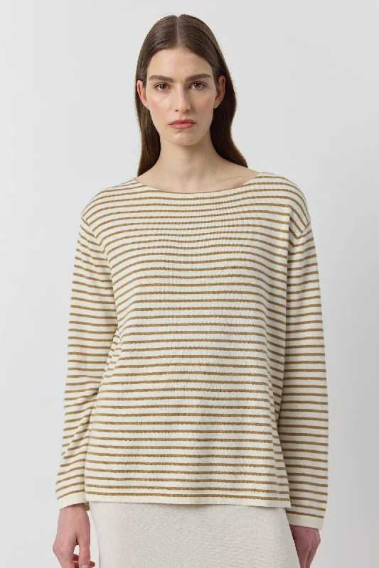 Women's T - shirt with a ruffled collarBreton Long Sleeve Tee - White/Camel