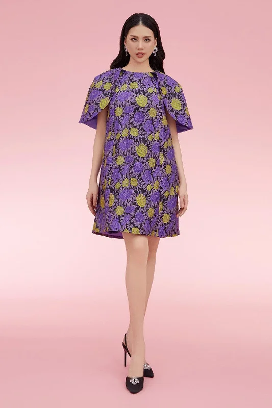 Sleeveless Georgette Dresses for Ladies with Printed PatternsBruce Cape Jewel Neck Brocade Mini Dress Sleeveless Georgette Dresses for Ladies with Printed PatternsBruce Cape Jewel Neck Brocade Mini Dress