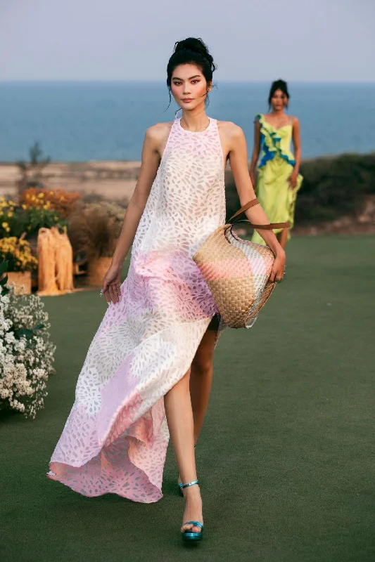 Dresses with Sequined Hearts and Ruffled Hem and Satin and Lace Combo for Ladies' Romantic and Feminine LookCeleste Slit Halter Neck Brocade Organza Maxi Dress Dresses with Sequined Hearts and Ruffled Hem and Satin and Lace Combo for Ladies' Romantic and Feminine LookCeleste Slit Halter Neck Brocade Organza Maxi Dress