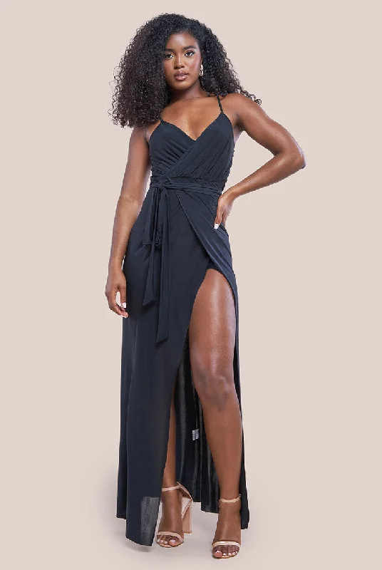 Dresses with Rhinestone Embellishments for Ladies' Luxurious LookCity Goddess Wrap Front Maxi Slip Dress With Waist Tie-Up - Black Dresses with Rhinestone Embellishments for Ladies' Luxurious LookCity Goddess Wrap Front Maxi Slip Dress With Waist Tie-Up - Black