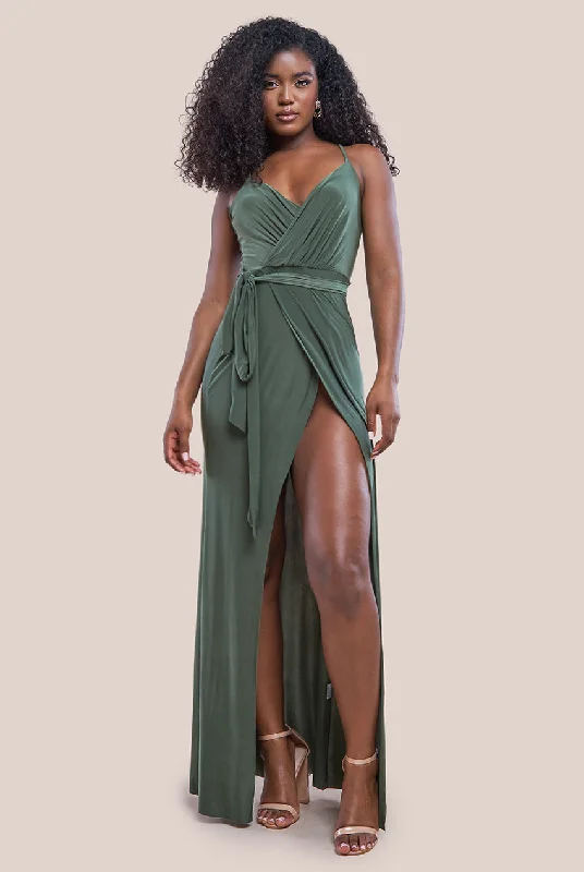 Dresses with Lace and Tulle Combo for Ladies' Dreamy LookCity Goddess Wrap Front Maxi Slip Dress With Waist Tie-Up - Olive Green Dresses with Lace and Tulle Combo for Ladies' Dreamy LookCity Goddess Wrap Front Maxi Slip Dress With Waist Tie-Up - Olive Green