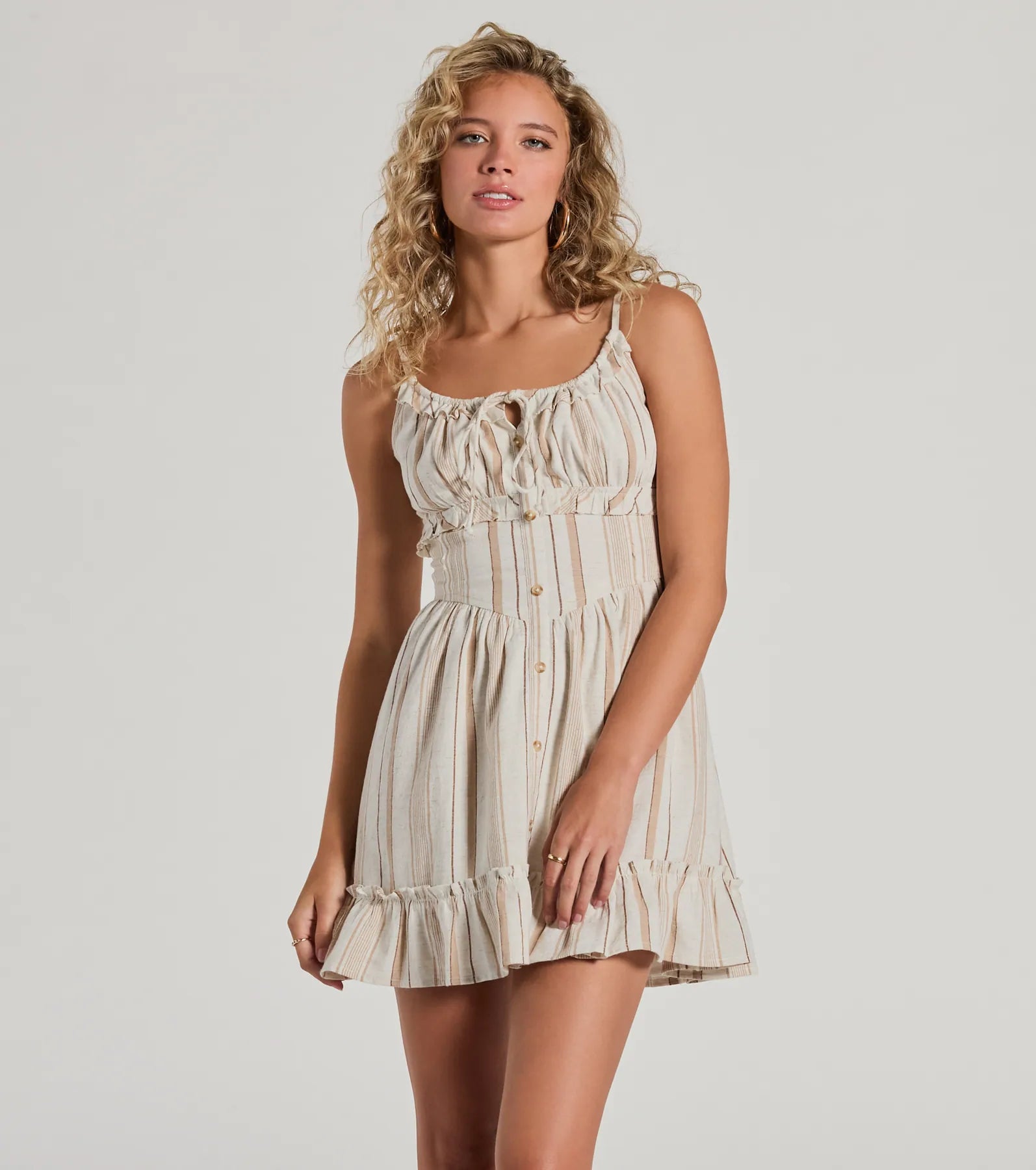 Dresses with Sheer Sleeve and Sequined Cuffs and Bow at the Waist for Ladies' Elegant and Sweet LookCute Style Button Ruffled Striped Linen Skater Dress Dresses with Sheer Sleeve and Sequined Cuffs and Bow at the Waist for Ladies' Elegant and Sweet LookCute Style Button Ruffled Striped Linen Skater Dress