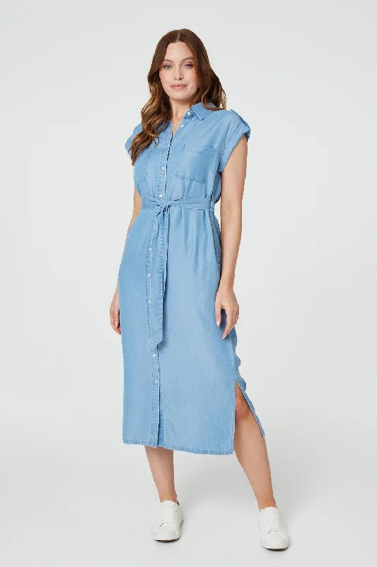 Dresses with Sequined Star Motifs and Sheer Sleeve for Ladies' Celestial and Flirty LookDenim Side Split Midi Shirt Dress Dresses with Sequined Star Motifs and Sheer Sleeve for Ladies' Celestial and Flirty LookDenim Side Split Midi Shirt Dress