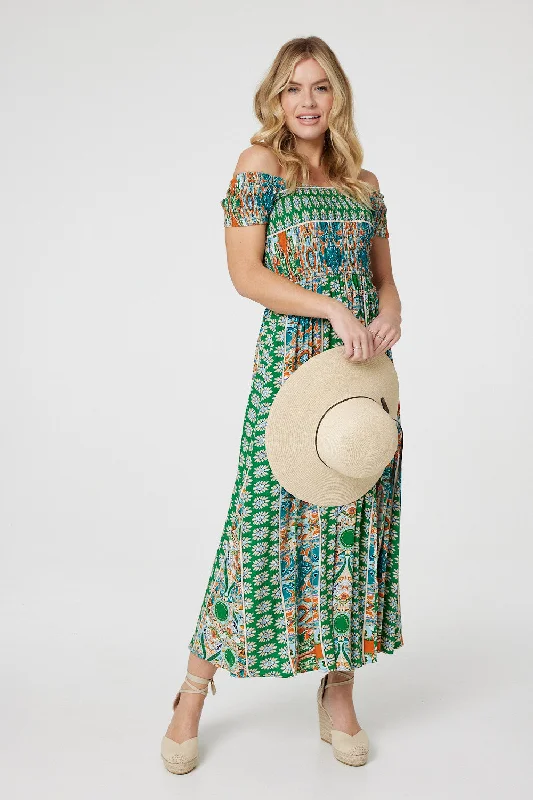 Dresses with Ruffled Sleeveless Top and Sequined Bodice and Tulle Skirt for Ladies' Dramatic and Glamorous LookPrinted Bardot Smocked Maxi Dress Dresses with Ruffled Sleeveless Top and Sequined Bodice and Tulle Skirt for Ladies' Dramatic and Glamorous LookPrinted Bardot Smocked Maxi Dress