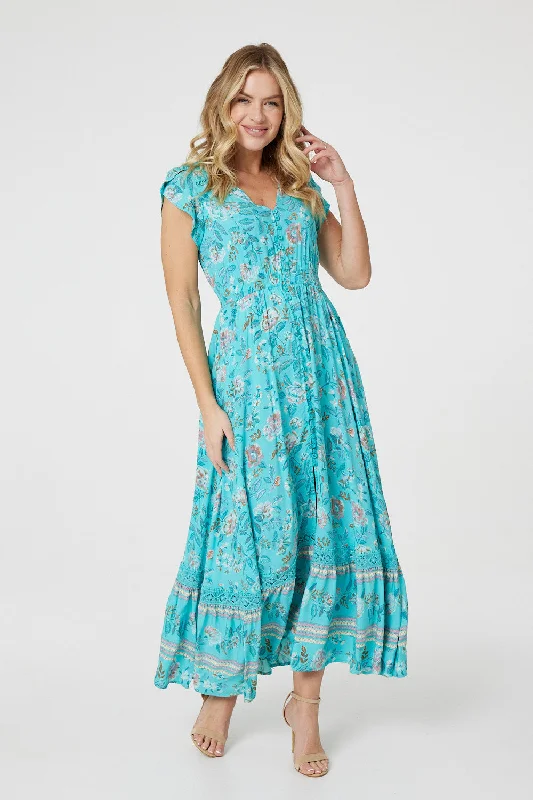 Dresses with Beaded Waistbands and Tiered Skirts for Ladies' Glamorous and Feminine LookFloral Border Print V-Neck Dress Dresses with Beaded Waistbands and Tiered Skirts for Ladies' Glamorous and Feminine LookFloral Border Print V-Neck Dress
