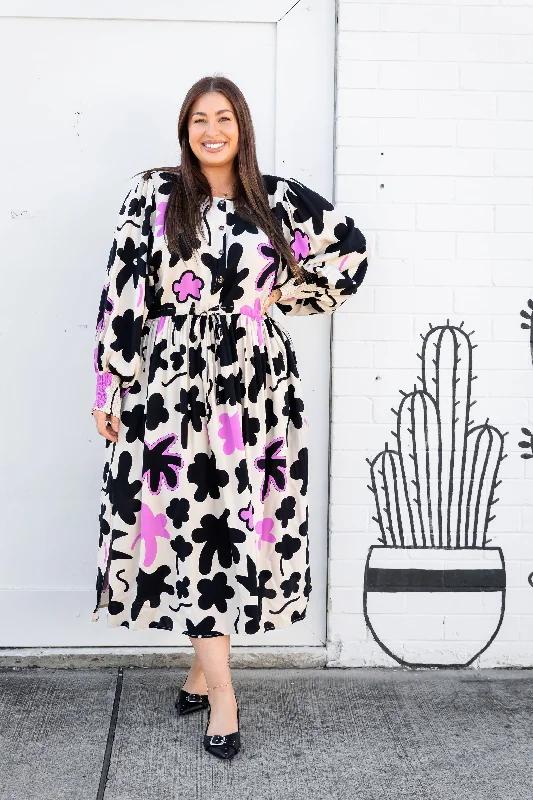 Vintage Inspired Tea Length Dresses for Ladies with Ruffled CollarVienna Long Sleeve Dress in Black Blossom Vintage Inspired Tea Length Dresses for Ladies with Ruffled CollarVienna Long Sleeve Dress in Black Blossom