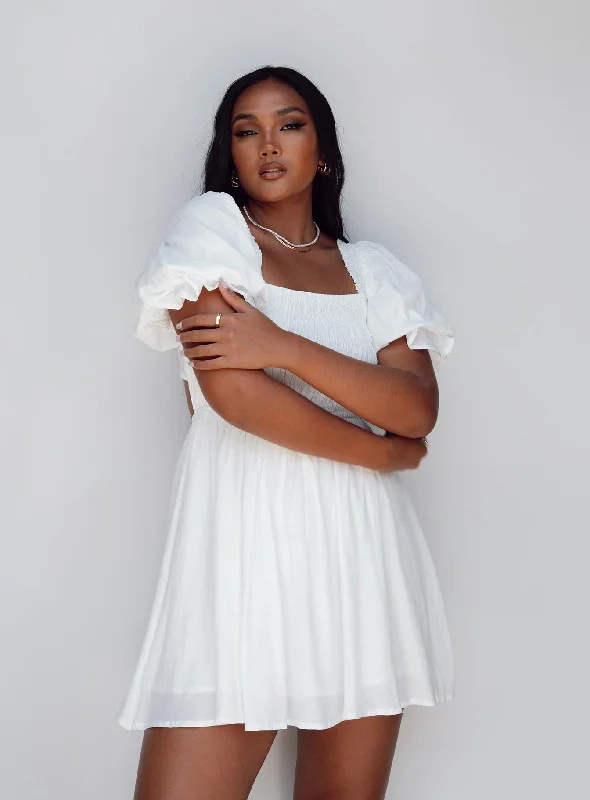 Dresses with Satin Trimmed Collar and Bow Back and Embroidered Skirt for Ladies' Classic and Glamorous LookDani Mini Dress White Dresses with Satin Trimmed Collar and Bow Back and Embroidered Skirt for Ladies' Classic and Glamorous LookDani Mini Dress White
