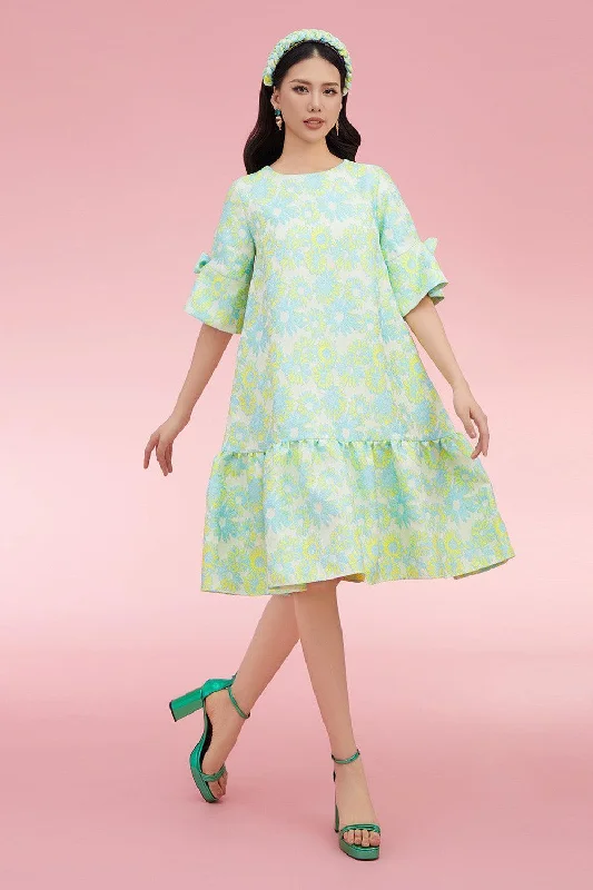 Off Shoulder Chiffon Dresses for Ladies' Summer OutingsDejesus Drop Waist Middle Sleeved Brocade Knee-length Dress Off Shoulder Chiffon Dresses for Ladies' Summer OutingsDejesus Drop Waist Middle Sleeved Brocade Knee-length Dress