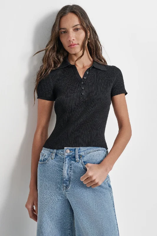 Long - sleeved women's T - shirt with a flutter - sleeve designSHORT SLEEVE RIB POLO TEE Long - sleeved women's T - shirt with a flutter - sleeve designSHORT SLEEVE RIB POLO TEE