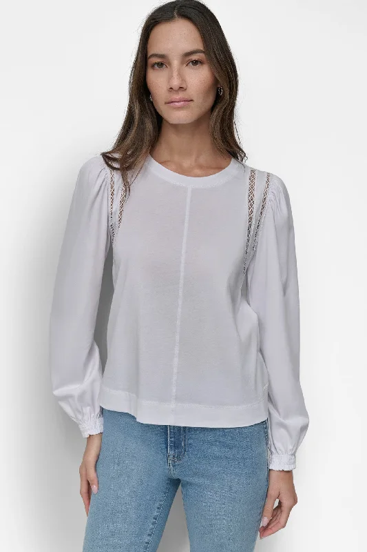Fuzzy women's T - shirt with a hoodEYELET ARMHOLE PUFF BRACELET SLEEVE TEE