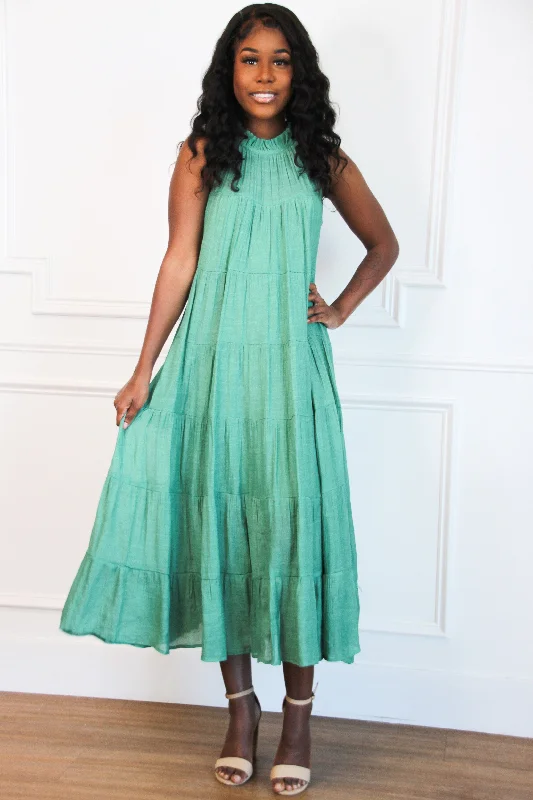 Tulle Dresses with Beaded Waistband for Ladies' Graceful LookEffortlessly You High Neck Maxi Dress: Jade Tulle Dresses with Beaded Waistband for Ladies' Graceful LookEffortlessly You High Neck Maxi Dress: Jade