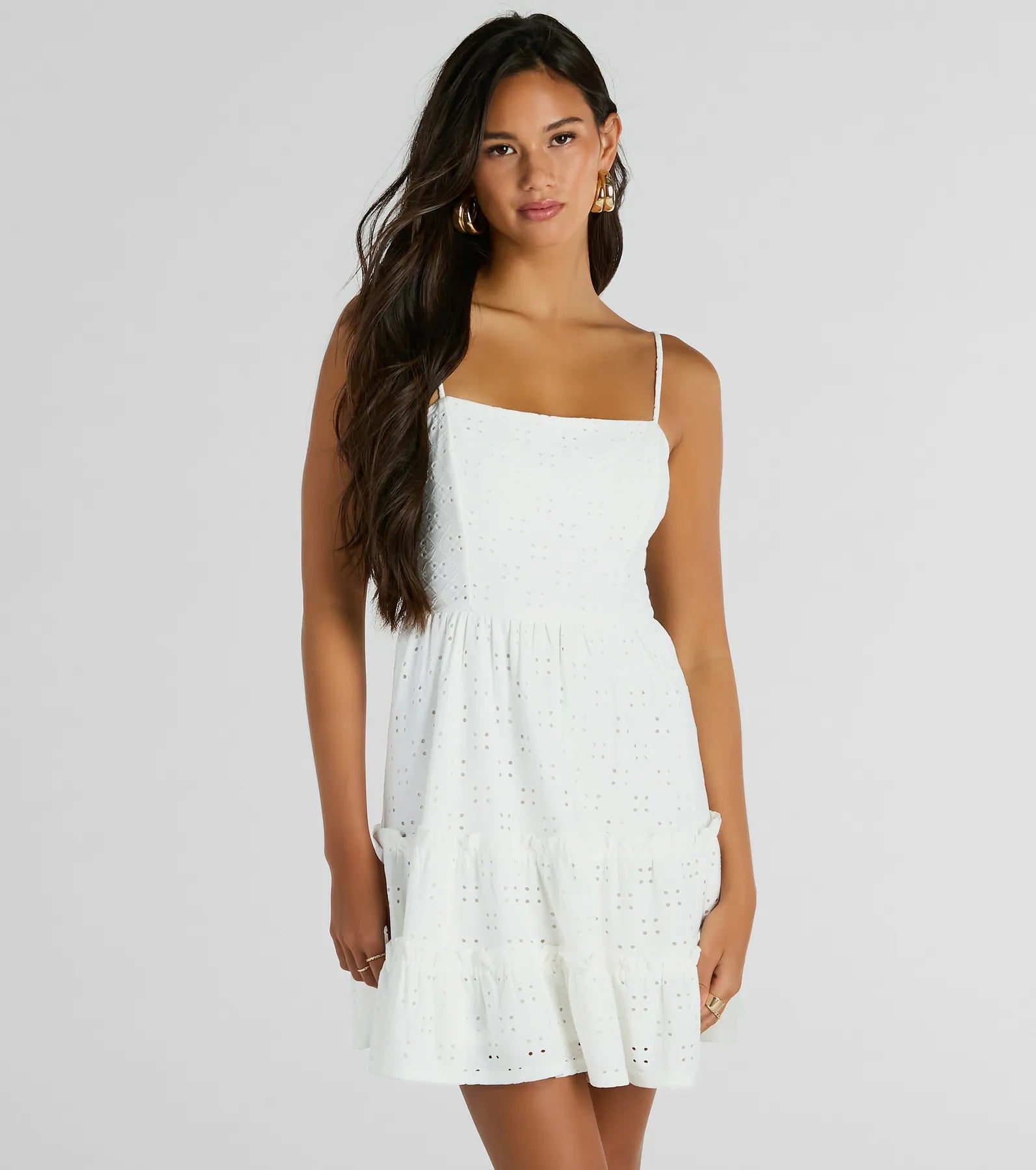 Dresses with Tassel Hem and Metallic Lace and Sequined Geometric Shapes for Ladies' Boho and Modern LookFeeling Amore Tie-Back A-Line Eyelet Mini Dress Dresses with Tassel Hem and Metallic Lace and Sequined Geometric Shapes for Ladies' Boho and Modern LookFeeling Amore Tie-Back A-Line Eyelet Mini Dress
