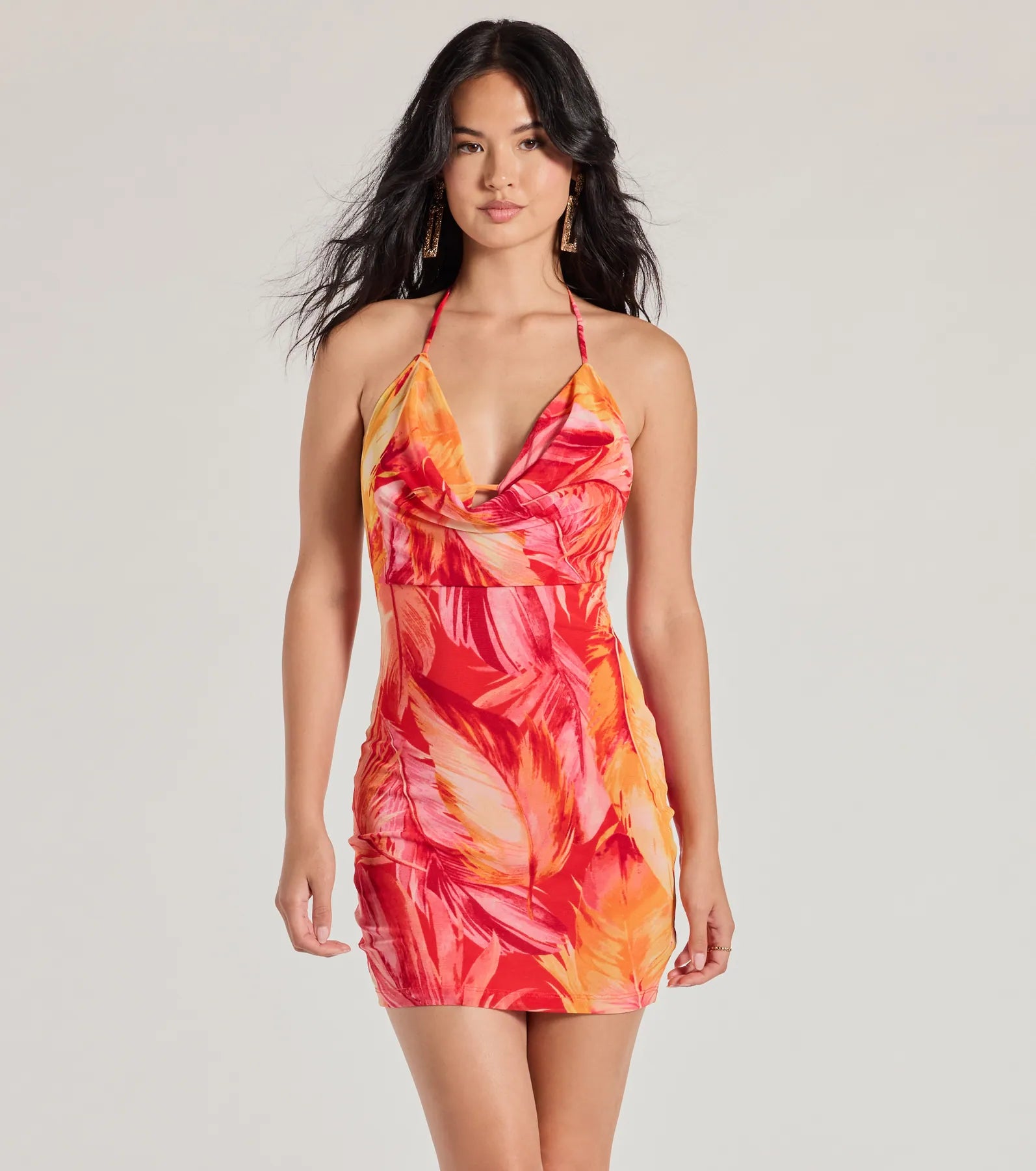 Dresses with Satin and Lace Trimmed Neckline and Ruffled Sleeves for Ladies' Sophisticated and Girly LookGetaway Girl Halter Open Back Tropical Mini Dress Dresses with Satin and Lace Trimmed Neckline and Ruffled Sleeves for Ladies' Sophisticated and Girly LookGetaway Girl Halter Open Back Tropical Mini Dress