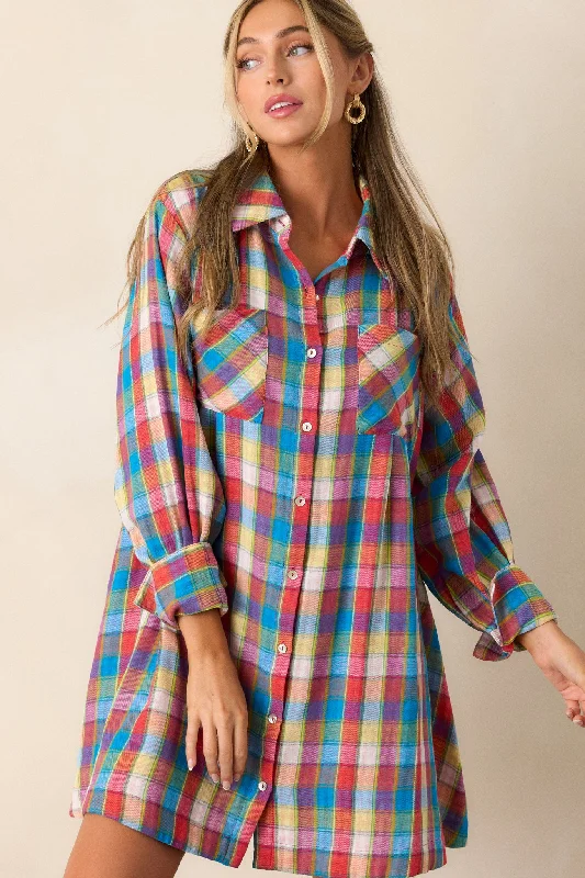 Dresses with Embroidered Floral Patterns and Tassel Hem and Sequined Bodice for Ladies' Bohemian and Glamorous LookGliding By 100% Cotton Blue Multi Plaid Mini Dress Dresses with Embroidered Floral Patterns and Tassel Hem and Sequined Bodice for Ladies' Bohemian and Glamorous LookGliding By 100% Cotton Blue Multi Plaid Mini Dress