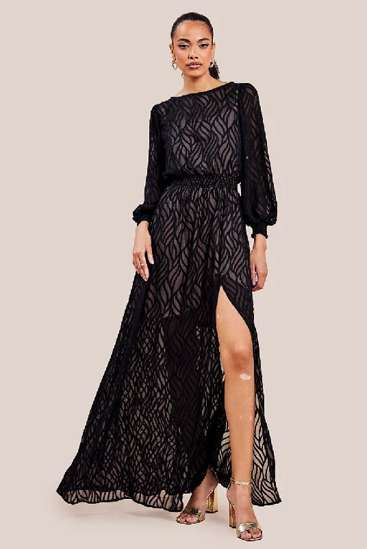 Dresses with Lace Insertions on the Skirt and Beaded Waistband for Ladies' Feminine and Glamorous LookGoddiva Chiffon Geo-Wave Front Split Maxi Dress - Black Dresses with Lace Insertions on the Skirt and Beaded Waistband for Ladies' Feminine and Glamorous LookGoddiva Chiffon Geo-Wave Front Split Maxi Dress - Black