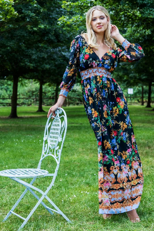 Dresses with High Low Sheer Skirt for Ladies' Dramatic and Fashionable LookGoddiva Chiffon Wrap Border Floral Print Maxi Dress - Black Dresses with High Low Sheer Skirt for Ladies' Dramatic and Fashionable LookGoddiva Chiffon Wrap Border Floral Print Maxi Dress - Black