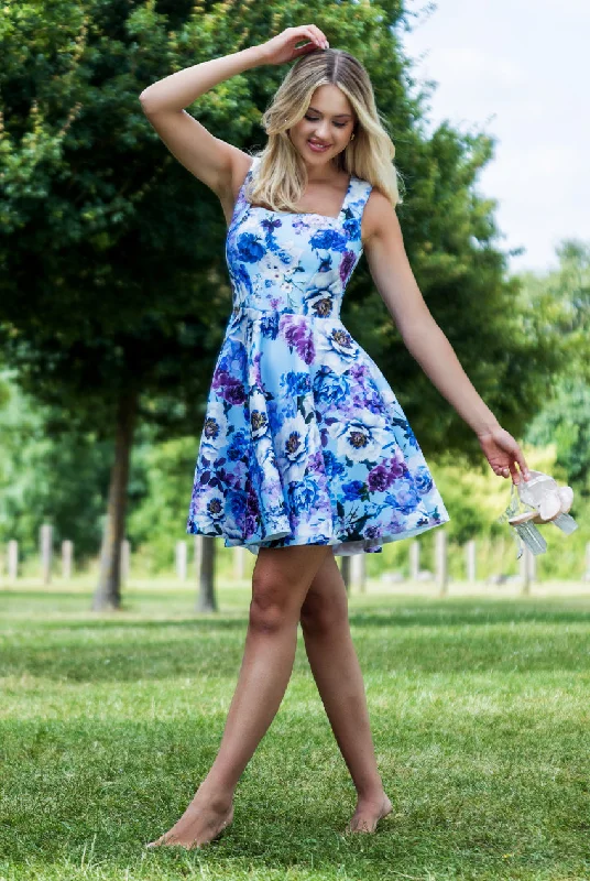 Embroidered Silk Dresses for Ladies' Elegant TouchGoddiva Scuba Foam Floral Skater Mini Dress - Blue Embroidered Silk Dresses for Ladies' Elegant TouchGoddiva Scuba Foam Floral Skater Mini Dress - Blue