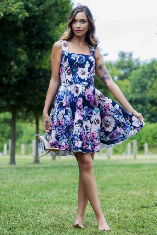 Dresses with Sequined Hearts and Ruffled Hem and Satin and Lace Combo and Bow at the Waist for Ladies' Romantic and Sweet LookGoddiva Scuba Foam Floral Skater Mini Dress - Navy Dresses with Sequined Hearts and Ruffled Hem and Satin and Lace Combo and Bow at the Waist for Ladies' Romantic and Sweet LookGoddiva Scuba Foam Floral Skater Mini Dress - Navy
