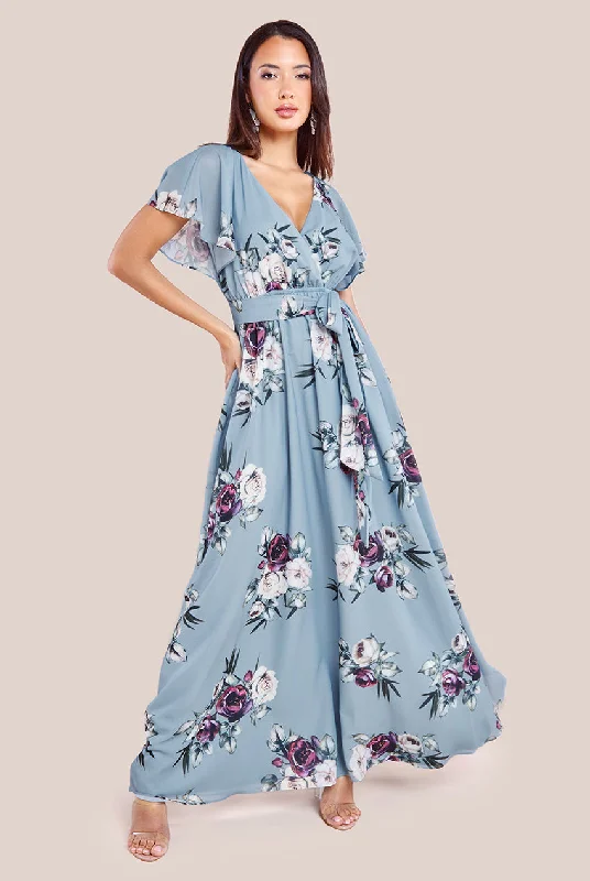 Dresses with Metallic Sequined Bodice for Ladies' Glamorous LookGoddiva Sustainable Printed Flutter Sleeve Maxi Dress - Airforce Blue Dresses with Metallic Sequined Bodice for Ladies' Glamorous LookGoddiva Sustainable Printed Flutter Sleeve Maxi Dress - Airforce Blue