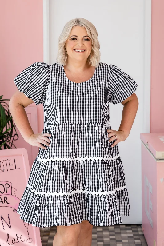 Dresses with Ruffled Sleeveless Top for Ladies' Dramatic and Artistic LookGreta Party Dress in Gingham Black Dresses with Ruffled Sleeveless Top for Ladies' Dramatic and Artistic LookGreta Party Dress in Gingham Black