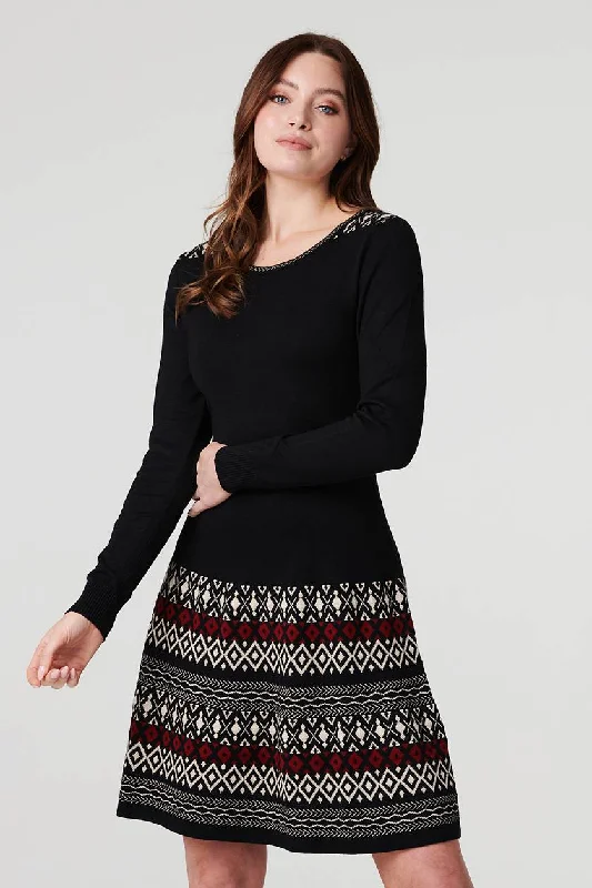 Dresses with High Neck and Embroidered Back for Ladies' Modest and Intricate LookNordic Print Skater Dress with Scarf Dresses with High Neck and Embroidered Back for Ladies' Modest and Intricate LookNordic Print Skater Dress with Scarf