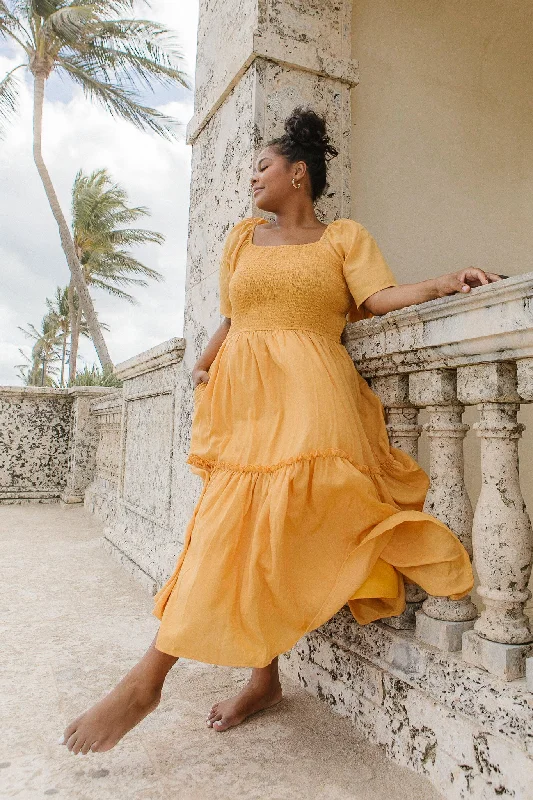 Dresses with Beaded Floral Wreath on the Bodice and High Low Hem for Ladies' Delicate and Dramatic LookLennon Dress in Mustard - FINAL SALE Dresses with Beaded Floral Wreath on the Bodice and High Low Hem for Ladies' Delicate and Dramatic LookLennon Dress in Mustard - FINAL SALE