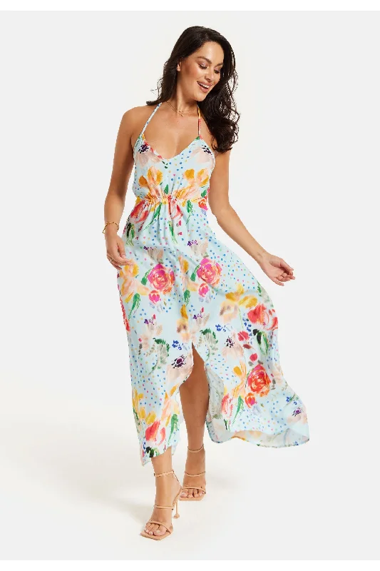 Dresses with Embroidered Floral Patterns and Tassel Hem for Ladies' Bohemian and Feminine LookLiquorish Blue Floral Print Midi Asymmetrical Dress With Open Back Dresses with Embroidered Floral Patterns and Tassel Hem for Ladies' Bohemian and Feminine LookLiquorish Blue Floral Print Midi Asymmetrical Dress With Open Back
