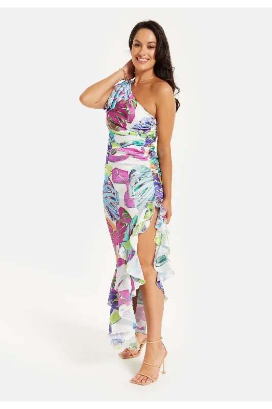 Mesh Paneled Dresses for Ladies' Modern EdgeLiquorish Bow Printed One Shoulder Frill Dress Mesh Paneled Dresses for Ladies' Modern EdgeLiquorish Bow Printed One Shoulder Frill Dress