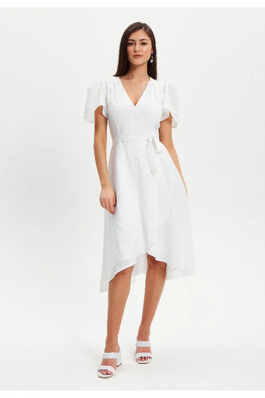 Dresses with Satin and Lace Trimmed Neckline for Ladies' Sophisticated LookLiquorish Checkered White Angel Sleeve Midi Wrap Dress In White Dresses with Satin and Lace Trimmed Neckline for Ladies' Sophisticated LookLiquorish Checkered White Angel Sleeve Midi Wrap Dress In White