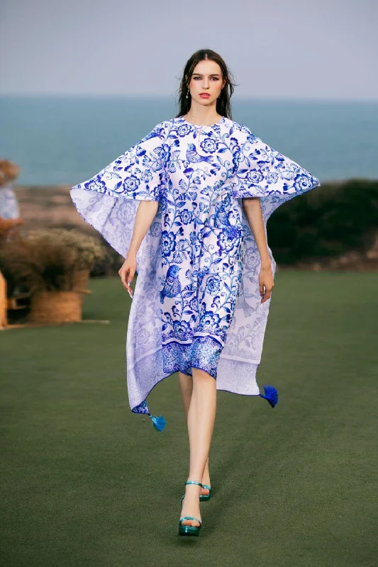 Casual Cotton Sundresses for Ladies with Floral PrintsLogan Straight Cape Shoulder Latin Silk Knee-length Dress Casual Cotton Sundresses for Ladies with Floral PrintsLogan Straight Cape Shoulder Latin Silk Knee-length Dress