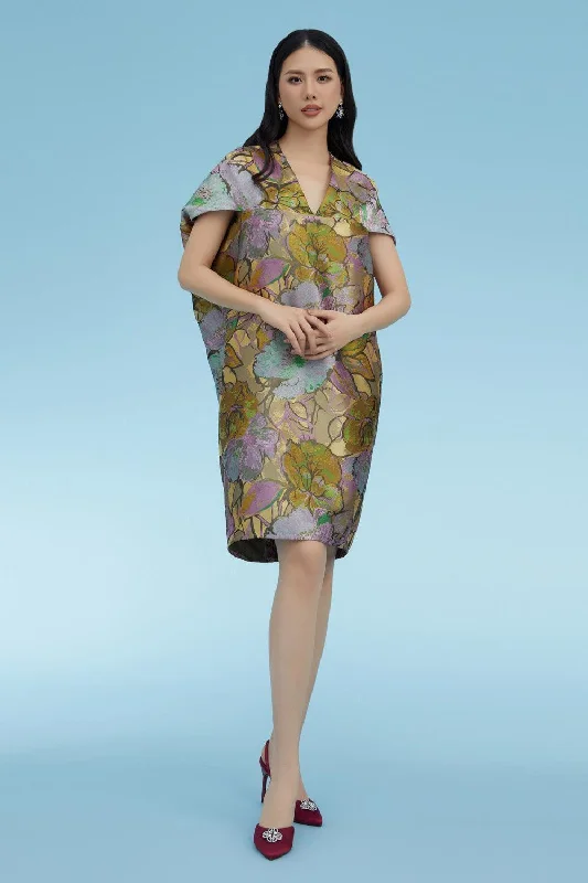 Satin Dresses with Embroidered Bodice for Ladies' Timeless LookMatteo Tunic V-Neck Brocade Knee-length Dress Satin Dresses with Embroidered Bodice for Ladies' Timeless LookMatteo Tunic V-Neck Brocade Knee-length Dress