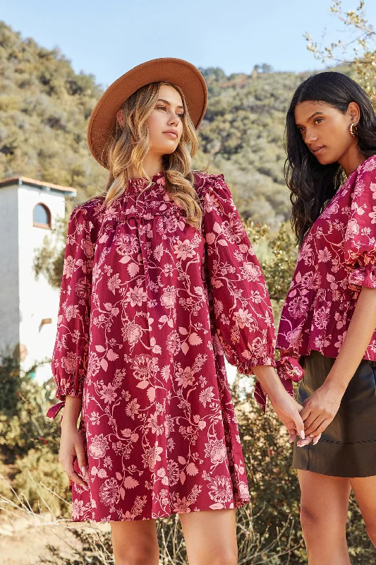Dresses with Ruffled Hem and Bow at the Waist for Ladies' Sweet and Feminine LookMulberry Floral Rowena Ruffled Cotton Shift Dress Dresses with Ruffled Hem and Bow at the Waist for Ladies' Sweet and Feminine LookMulberry Floral Rowena Ruffled Cotton Shift Dress
