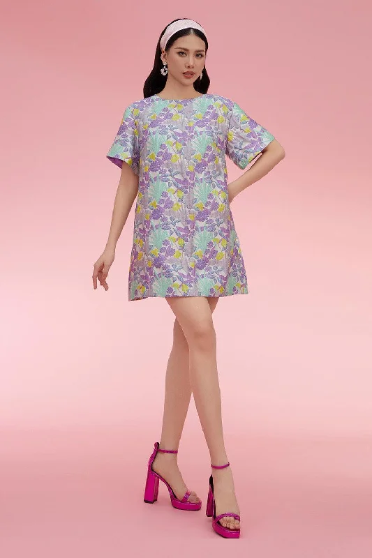 Dresses with Sheer Panels and Beaded Trim and Embroidered Paisley Patterns and Ruffled Hem for Ladies' Sultry and Exotic LookOrozco Trapezoid Boat Neck Brocade Above The Knee Dress Dresses with Sheer Panels and Beaded Trim and Embroidered Paisley Patterns and Ruffled Hem for Ladies' Sultry and Exotic LookOrozco Trapezoid Boat Neck Brocade Above The Knee Dress