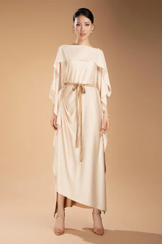 Dresses with Ruffled Sleeves and High Neck for Ladies' Dramatic and Elegant LookPacheco Straight Boat Neck Silk Blend Ankle Length Dress Dresses with Ruffled Sleeves and High Neck for Ladies' Dramatic and Elegant LookPacheco Straight Boat Neck Silk Blend Ankle Length Dress