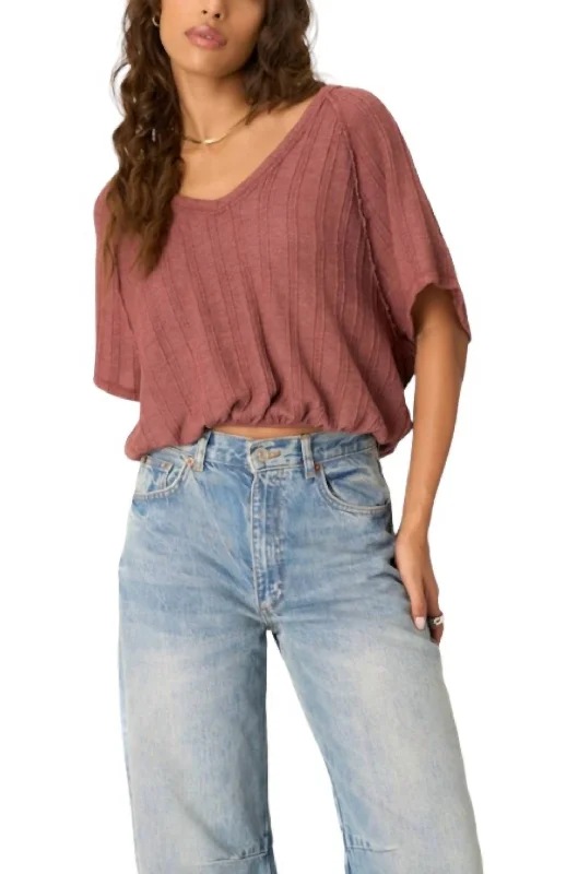 Women's T - shirt with a lace - up backPaola Sweater V Neck Bubble Tee In Summer Rust Women's T - shirt with a lace - up backPaola Sweater V Neck Bubble Tee In Summer Rust