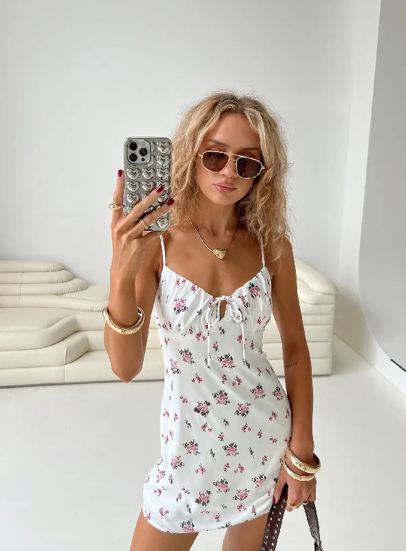 Dresses with Lace Insertions on the Skirt and Beaded Waistband for Ladies' Feminine and Glamorous LookPerries Mini Dress White Floral Dresses with Lace Insertions on the Skirt and Beaded Waistband for Ladies' Feminine and Glamorous LookPerries Mini Dress White Floral