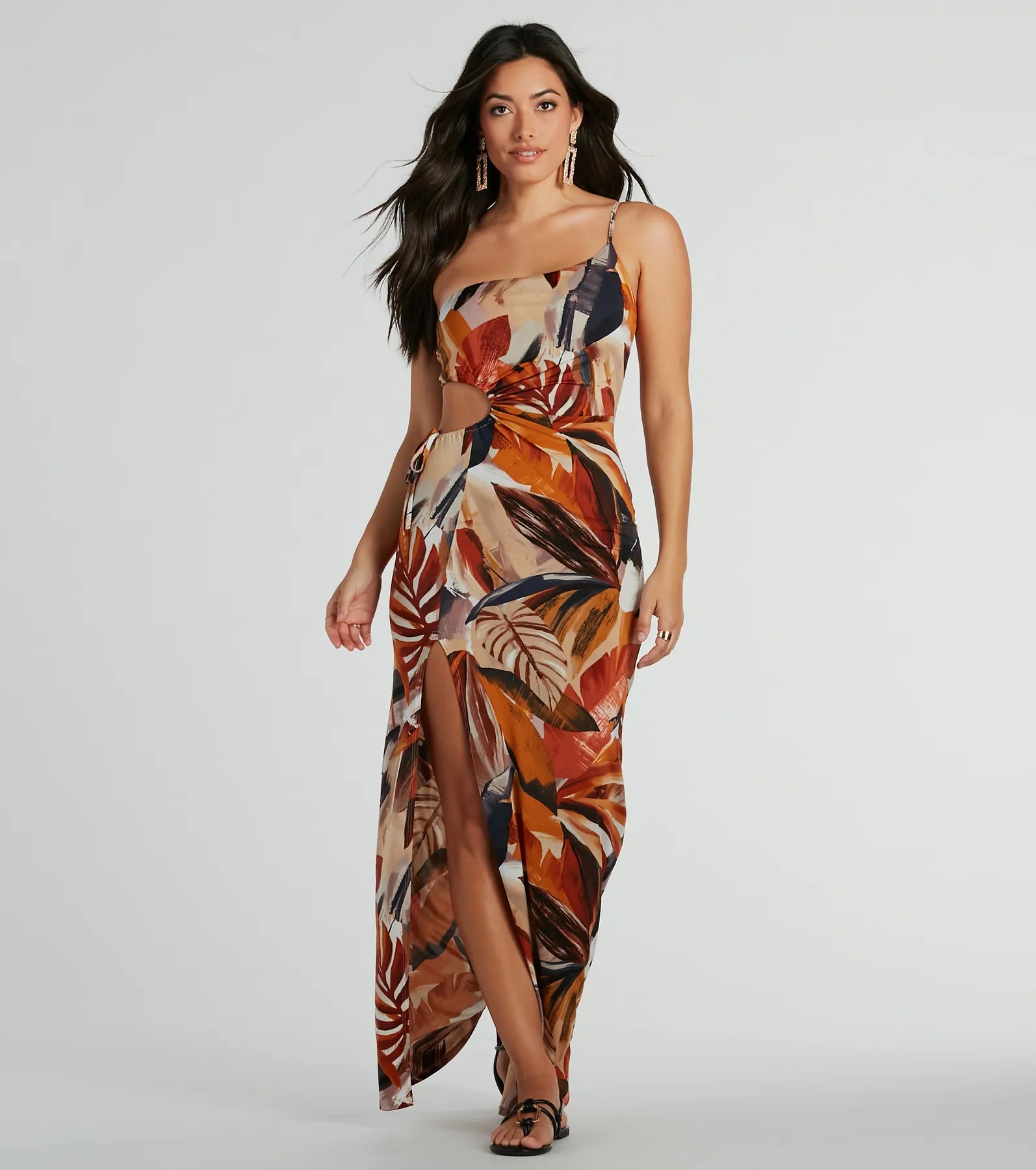 Dresses with Sheer Panels and Beaded Trim and Embroidered Paisley Patterns and Ruffled Hem for Ladies' Sultry and Exotic LookPretty In Paradise One-Shoulder Tropical Maxi Dress Dresses with Sheer Panels and Beaded Trim and Embroidered Paisley Patterns and Ruffled Hem for Ladies' Sultry and Exotic LookPretty In Paradise One-Shoulder Tropical Maxi Dress