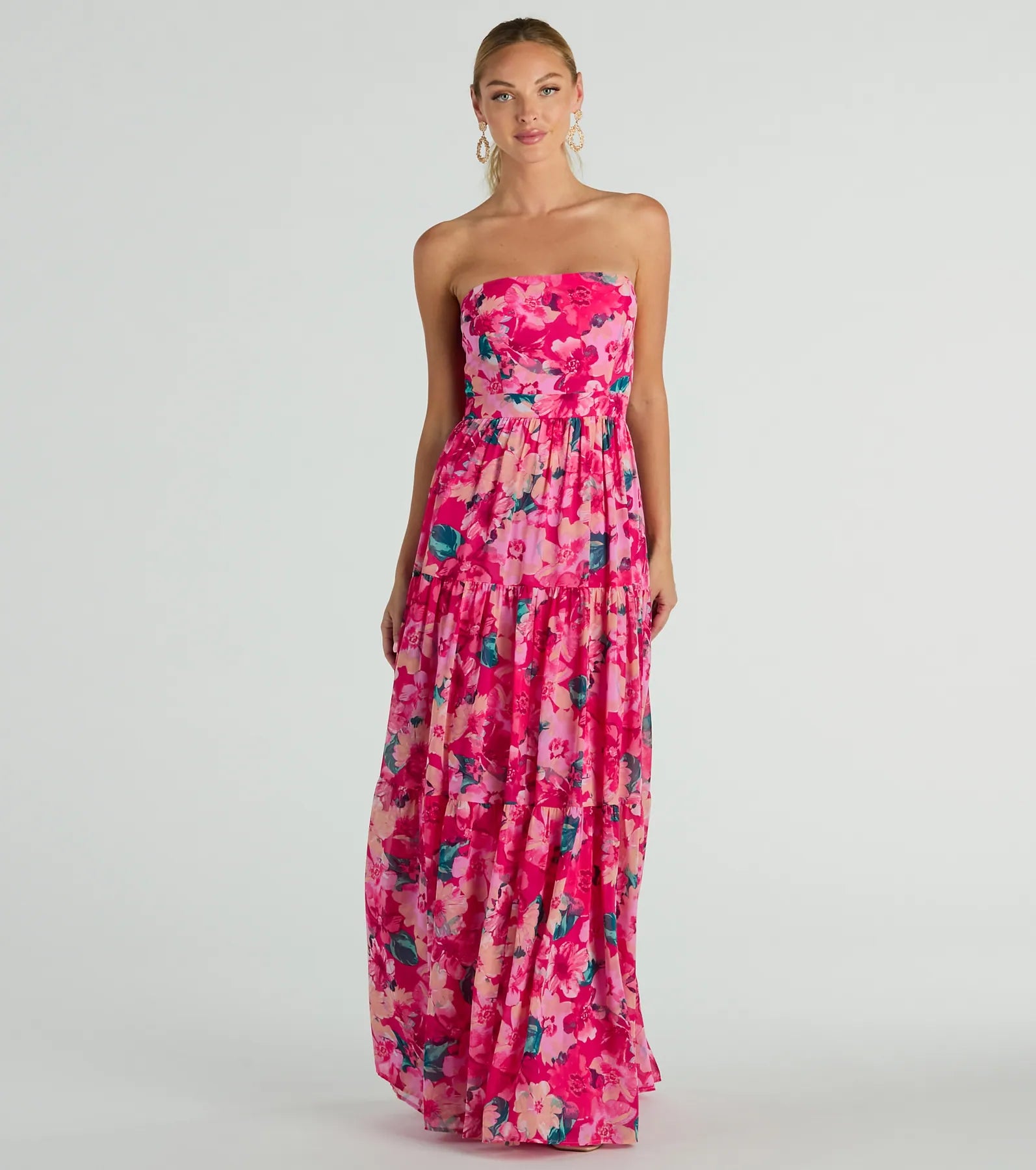 Dresses with Beaded Waistbands and Tiered Skirts for Ladies' Glamorous and Feminine LookRadiate Romantic Vibes Strapless Floral Chiffon Maxi Dress Dresses with Beaded Waistbands and Tiered Skirts for Ladies' Glamorous and Feminine LookRadiate Romantic Vibes Strapless Floral Chiffon Maxi Dress