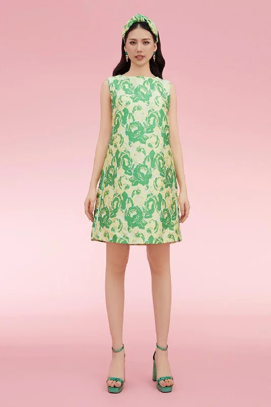 Dresses with Ruffled Hem and Bow at the Waist for Ladies' Sweet and Feminine LookRaymond Trapezoid Sleeveless Brocade Above The Knee Dress Dresses with Ruffled Hem and Bow at the Waist for Ladies' Sweet and Feminine LookRaymond Trapezoid Sleeveless Brocade Above The Knee Dress