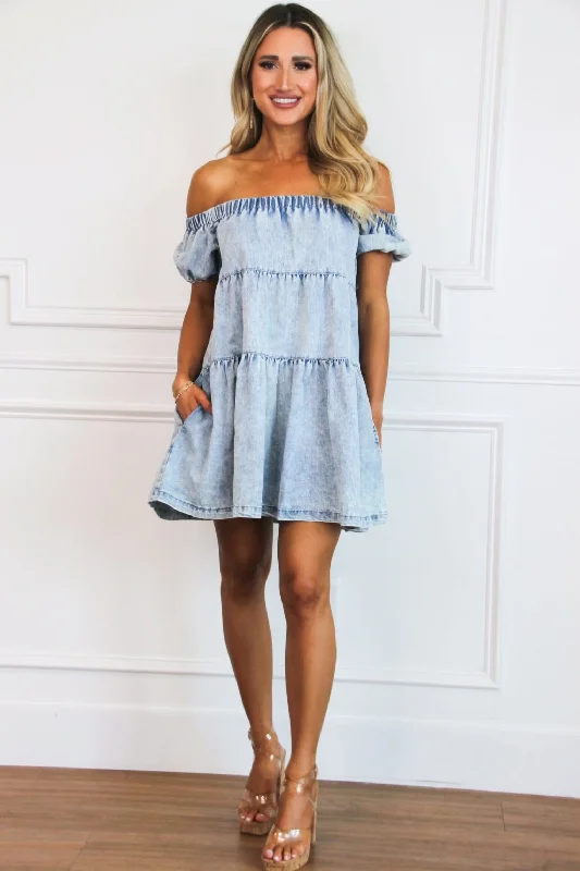 Dresses with Ruffled Hem and Bow at the Waist for Ladies' Sweet and Feminine LookRoxy Off Shoulder Denim Dress: Blue Dresses with Ruffled Hem and Bow at the Waist for Ladies' Sweet and Feminine LookRoxy Off Shoulder Denim Dress: Blue
