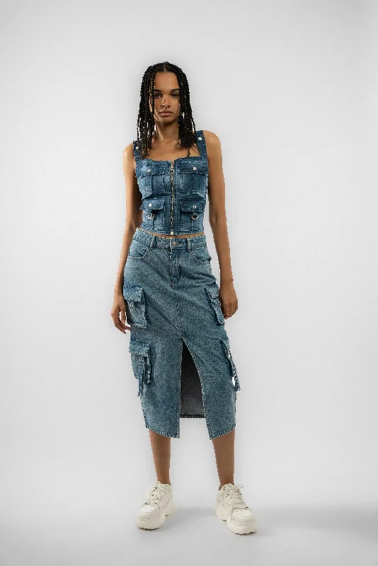 Dresses with Satin Trimmed Collar for Ladies' Classic LookSilkroad Daughters Denim D Ring Slit Front Midi Skirt Dresses with Satin Trimmed Collar for Ladies' Classic LookSilkroad Daughters Denim D Ring Slit Front Midi Skirt