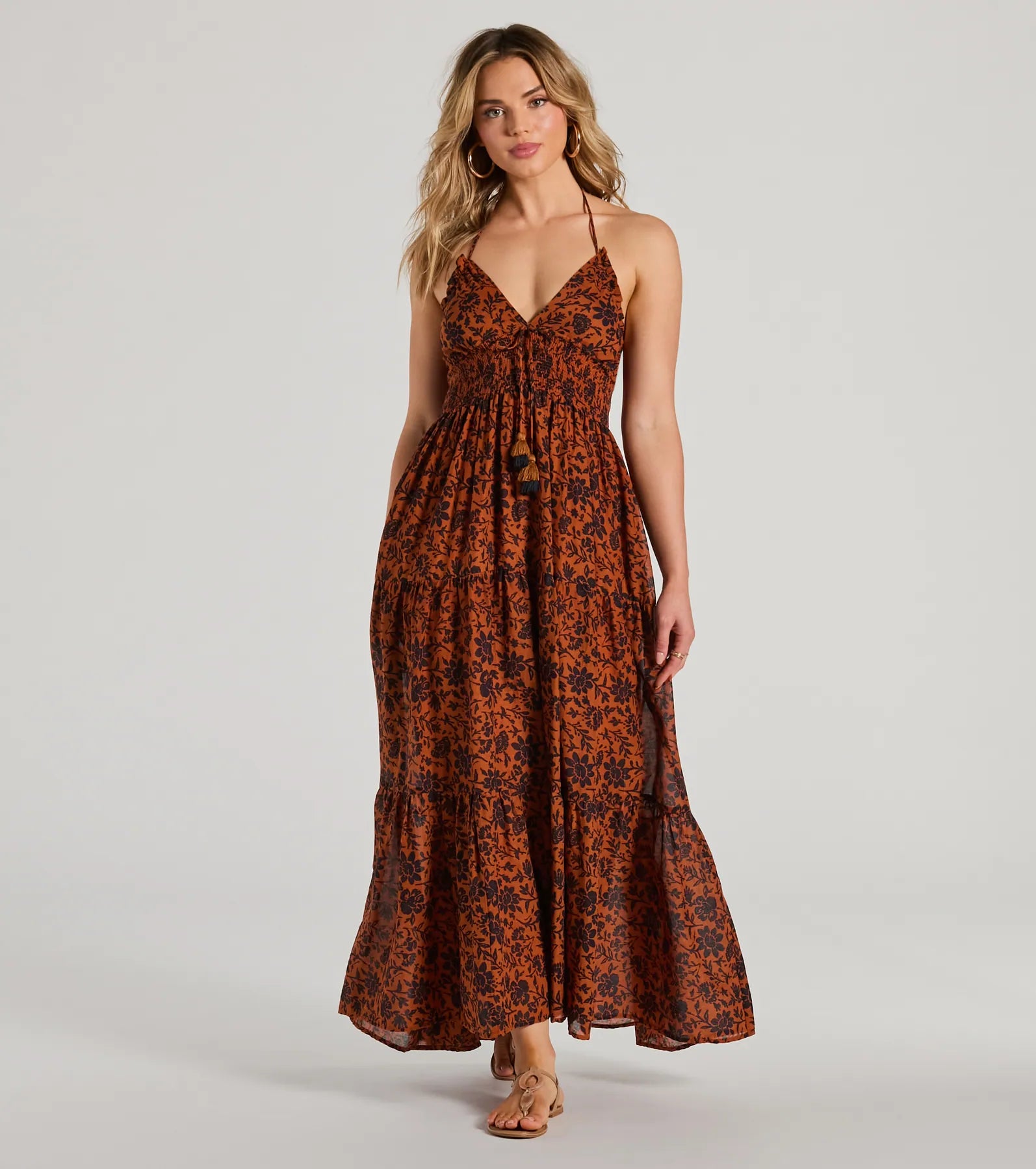 Dresses with Sequined Hearts and Ruffled Hem and Satin and Lace Combo for Ladies' Romantic and Feminine LookStunning One Halter V-Neck Ruffle Floral Maxi Dress Dresses with Sequined Hearts and Ruffled Hem and Satin and Lace Combo for Ladies' Romantic and Feminine LookStunning One Halter V-Neck Ruffle Floral Maxi Dress